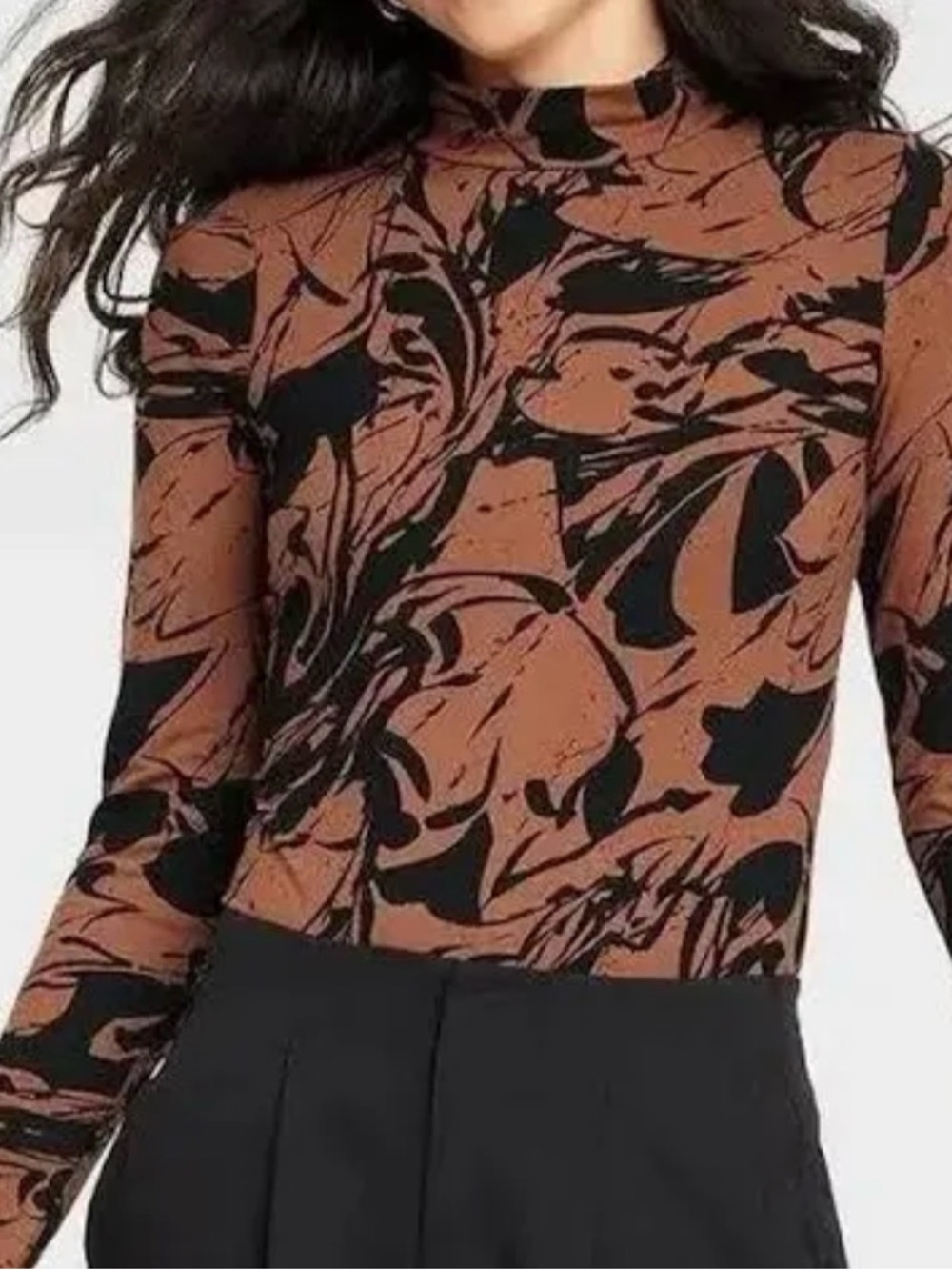 A New Day Abstract Black & Rust Brown Mock Neck Long Sleeve Bodysuit Small